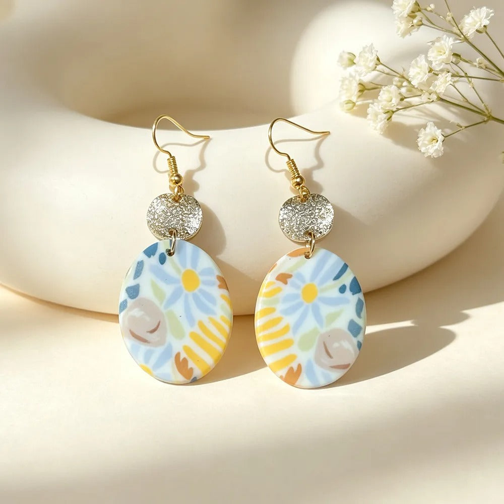 Handmade Colorful Floral Geometric 16K Gold Plated Clay Earrings