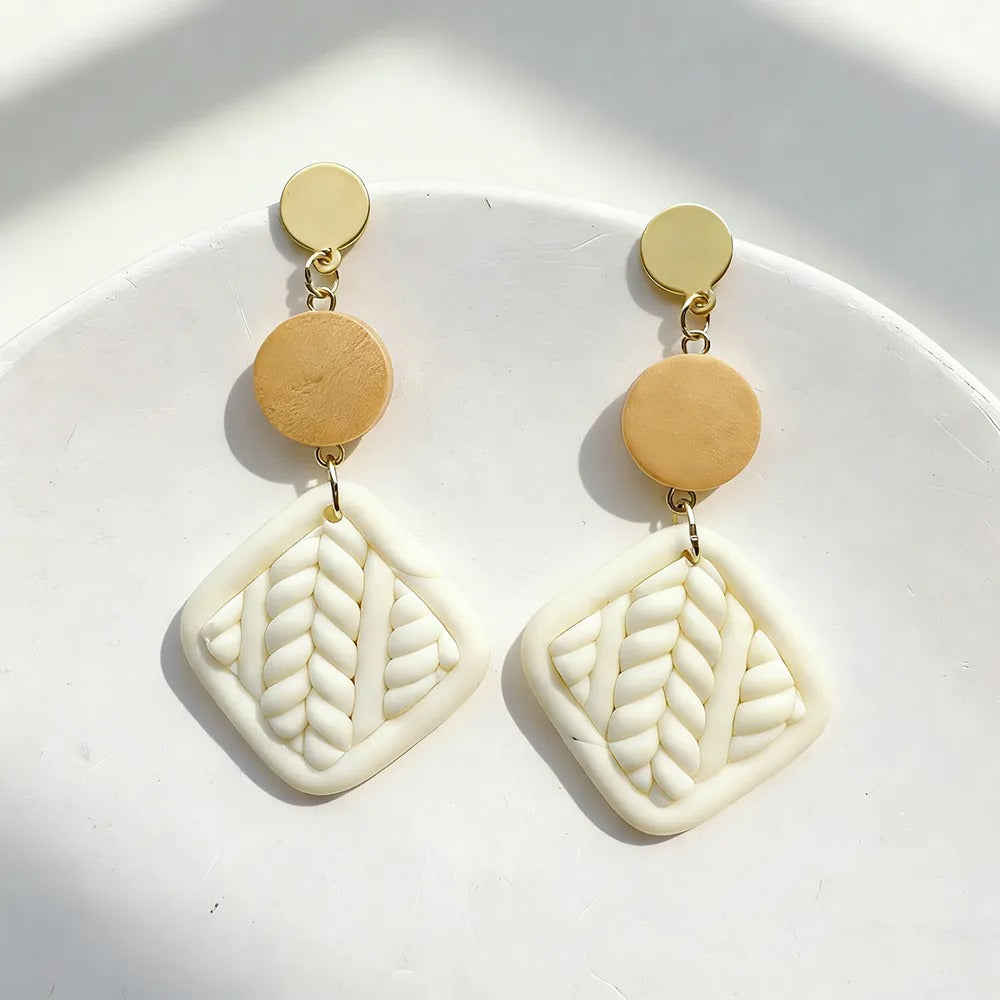 Handmade White and Beige Geometric 18K Gold Plated Clay Drop Earrings