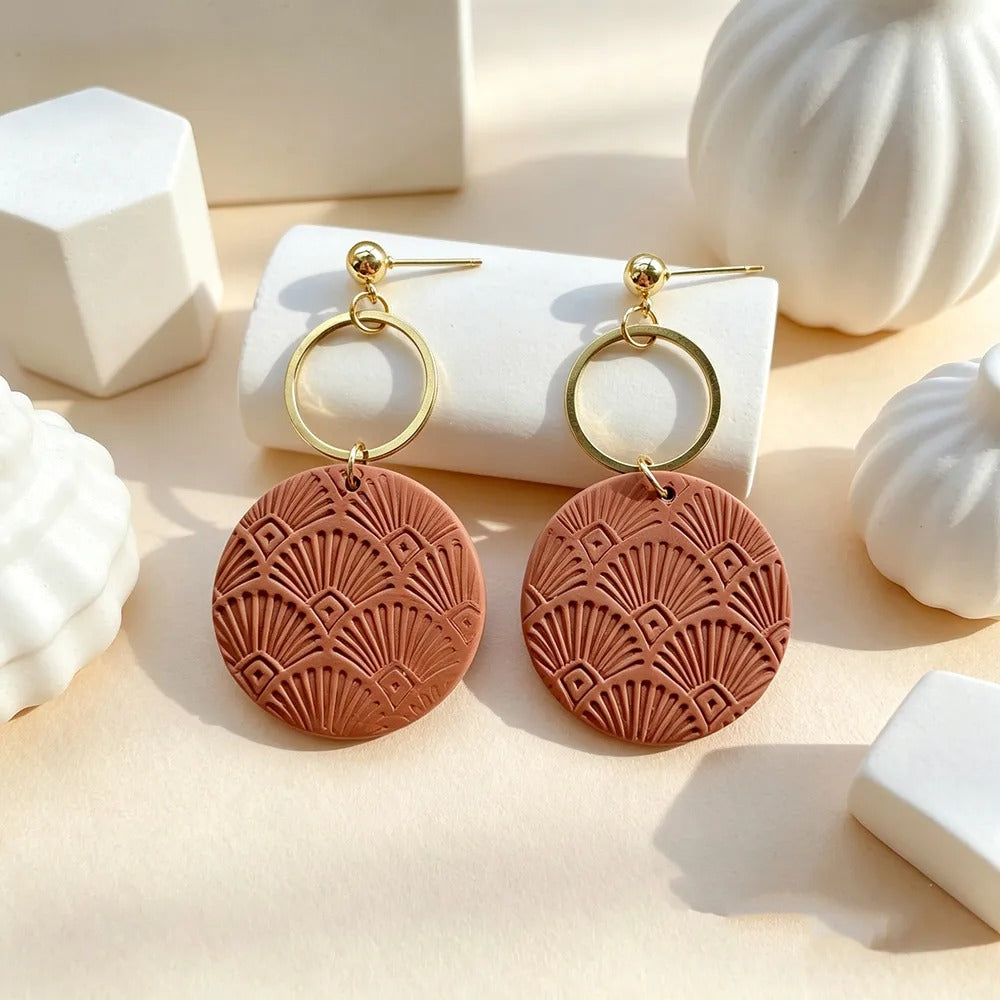 Handmade Brown Geometric 16K Gold Plated Clay Earrings