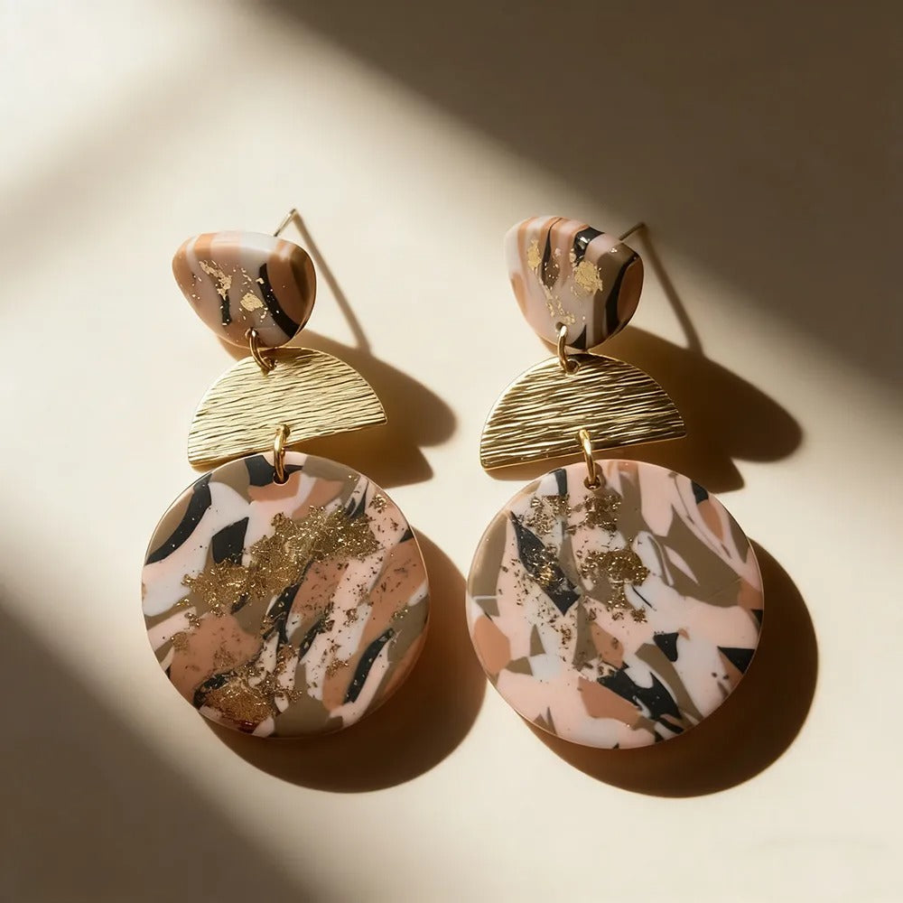 Handmade Terrazo Geometric Clay Drop Earrings, Gold Leaf Dangle