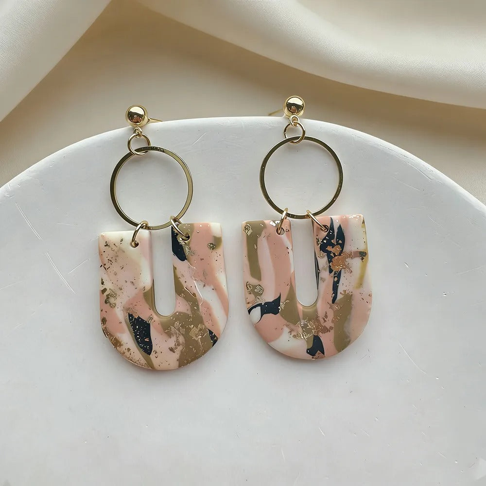 Handmade Terrazo Geometric Clay Drop Earrings, Gold Leaf Dangle