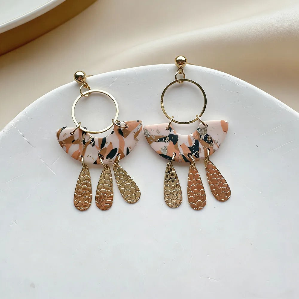 Handmade Terrazo Geometric Clay Drop Earrings, Gold Leaf Dangle
