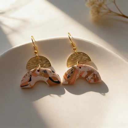 Handmade Terrazo Geometric Clay Drop Earrings, Gold Leaf Dangle