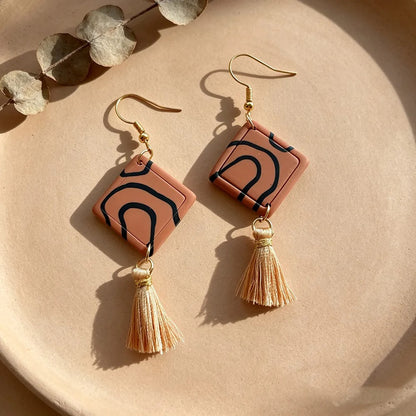 Handmade Coffee Geometric 16K Gold Plated Clay Earrings