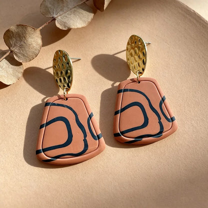 Handmade Coffee Geometric 16K Gold Plated Clay Earrings