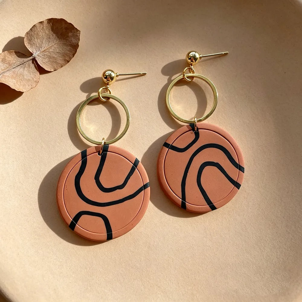 Handmade Coffee Geometric 16K Gold Plated Clay Earrings