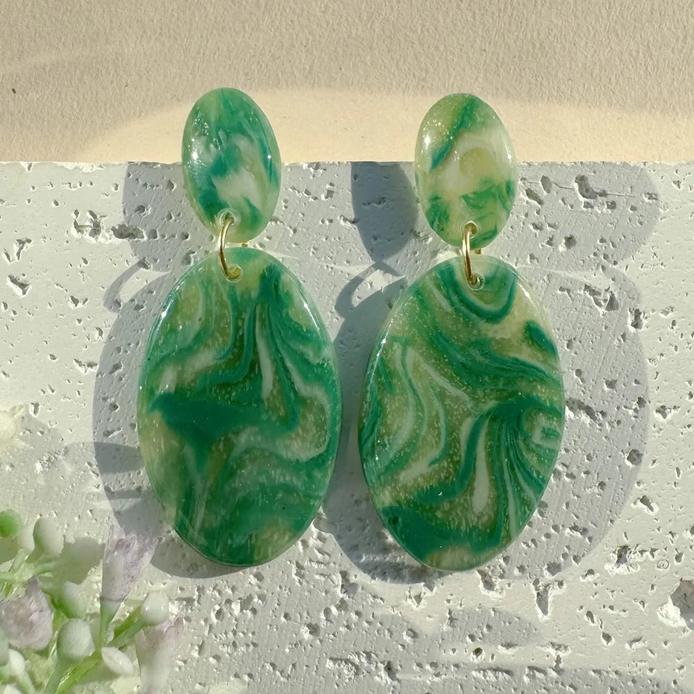 Handmade French Green UV Printed 14K Gold Plated Clay Earrings