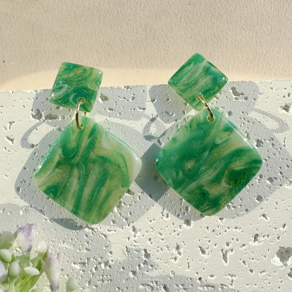 Handmade French Green UV Printed 14K Gold Plated Clay Earrings