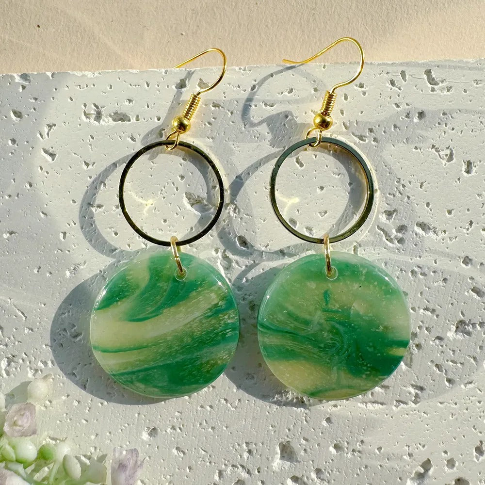 Handmade French Green UV Printed 14K Gold Plated Clay Earrings