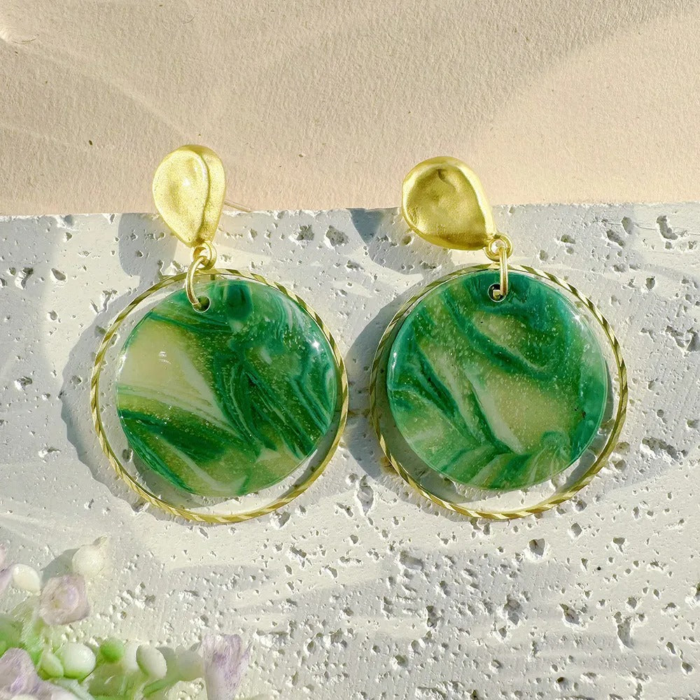 Handmade French Green UV Printed 14K Gold Plated Clay Earrings