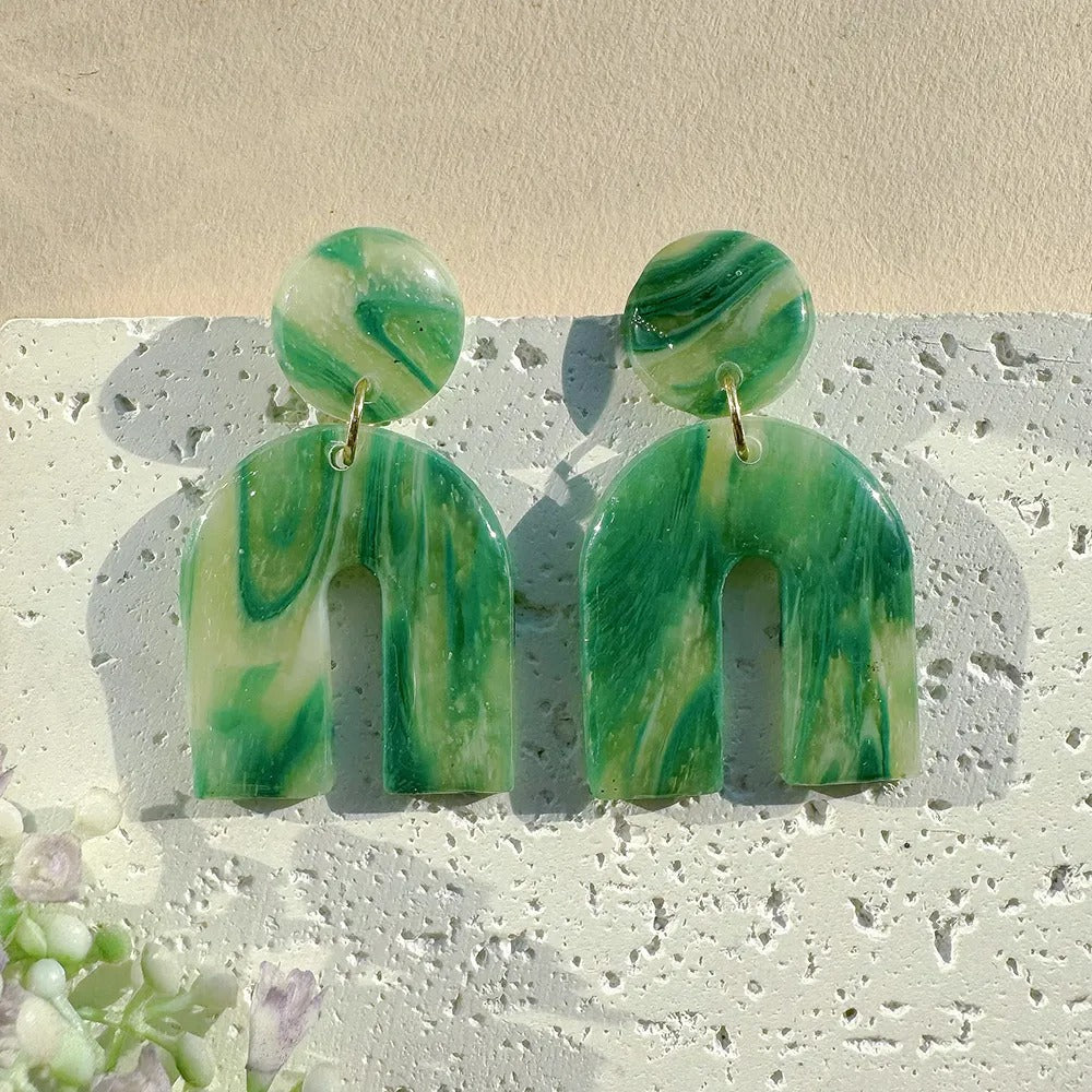 Handmade French Green UV Printed 14K Gold Plated Clay Earrings