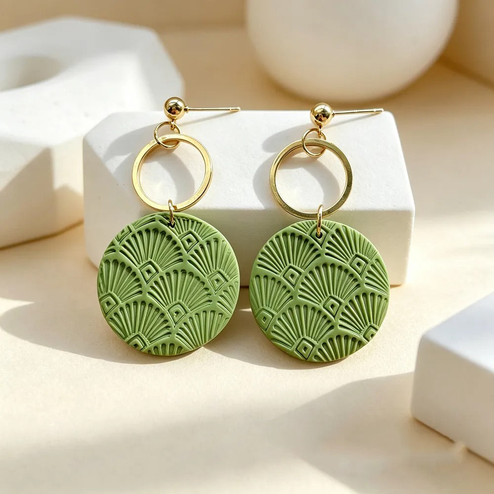 Handmade Geometric Gold Plated Green Clay Earrings