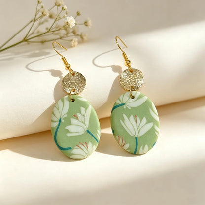 Handmade Green Floral Geometric 16K Gold Plated Clay Earrings
