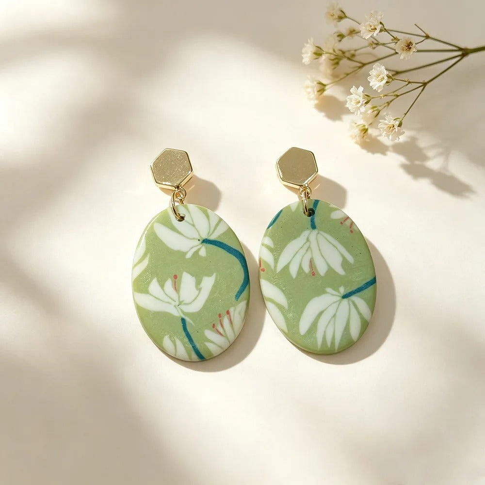 Handmade Green Floral Geometric 16K Gold Plated Clay Earrings