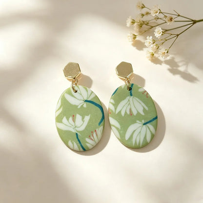 Handmade Green Floral Geometric 16K Gold Plated Clay Earrings