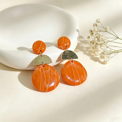 Handmade Orange Geometric Gold Plated Clay Earrings
