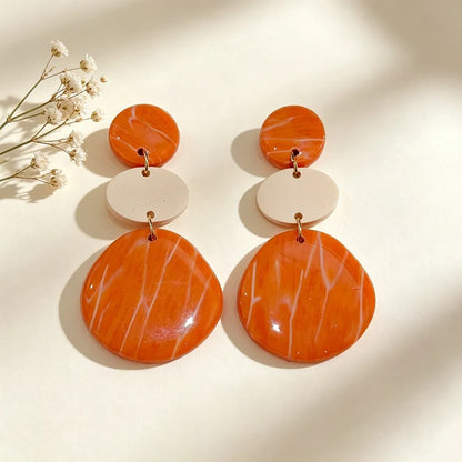Handmade Orange Geometric Gold Plated Clay Earrings