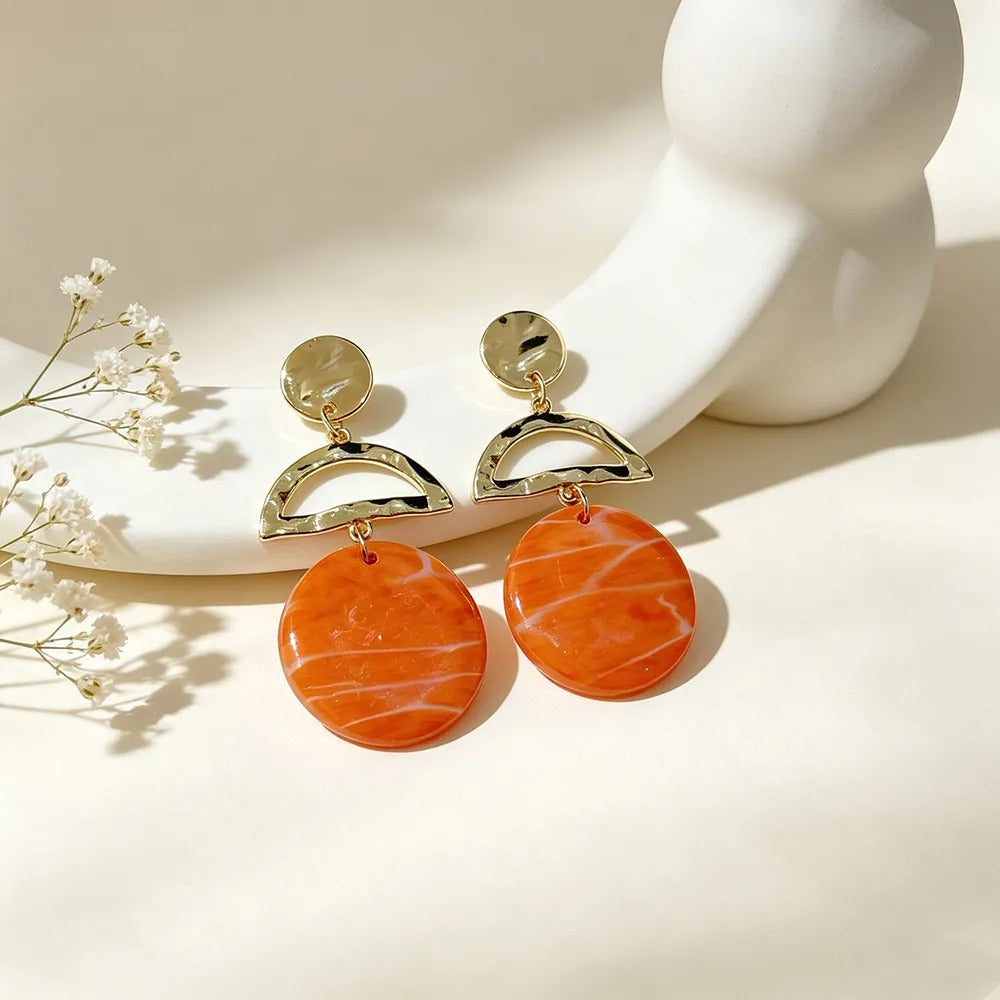 Handmade Orange Geometric Gold Plated Clay Earrings
