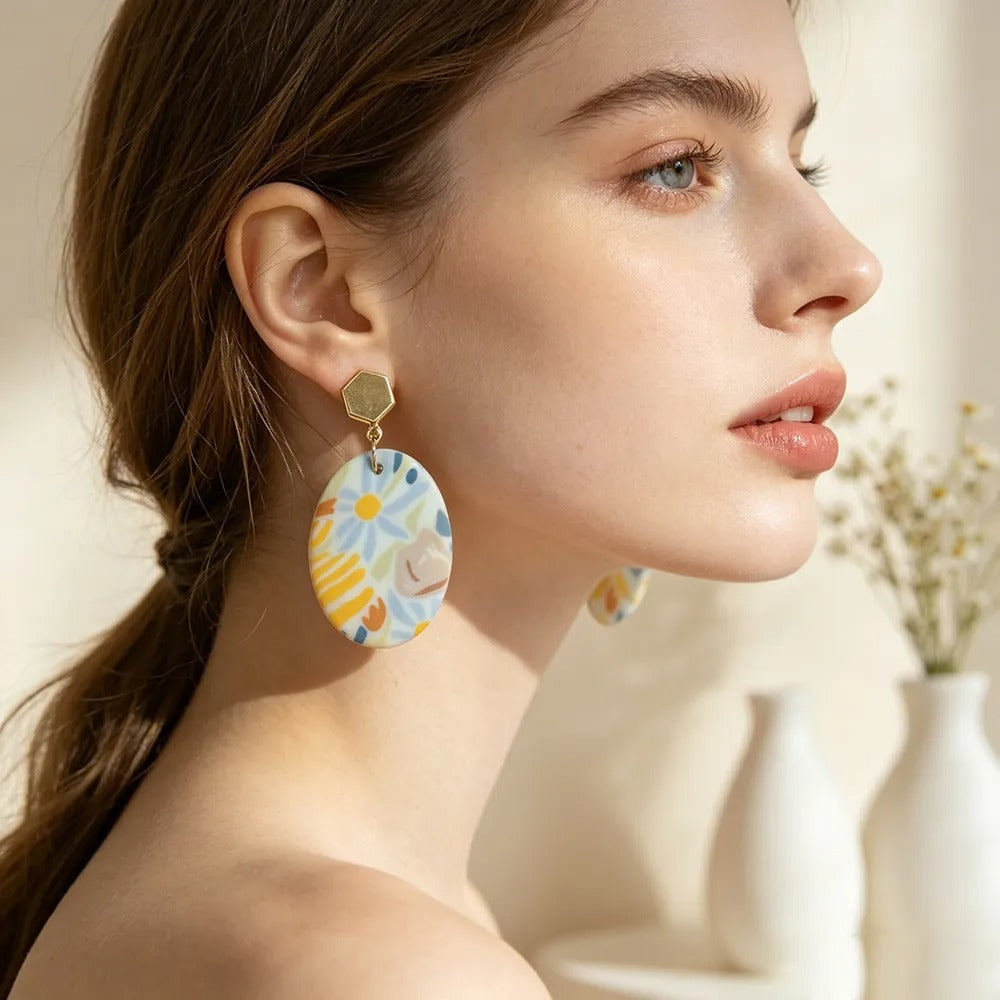 Handmade Colorful Floral Geometric 16K Gold Plated Clay Earrings