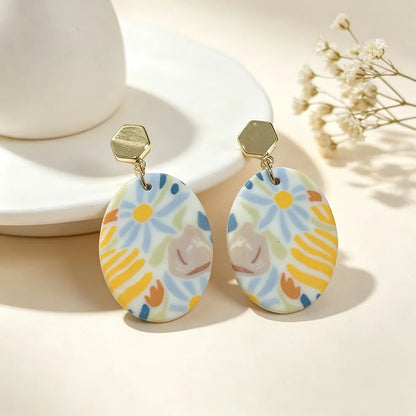 Handmade Colorful Floral Geometric 16K Gold Plated Clay Earrings