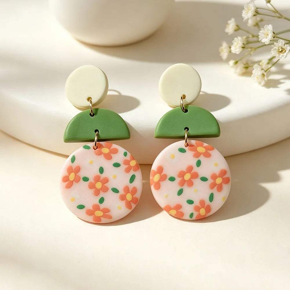 Handmade Floral Geometric Pink Gold Plated Clay Earrings