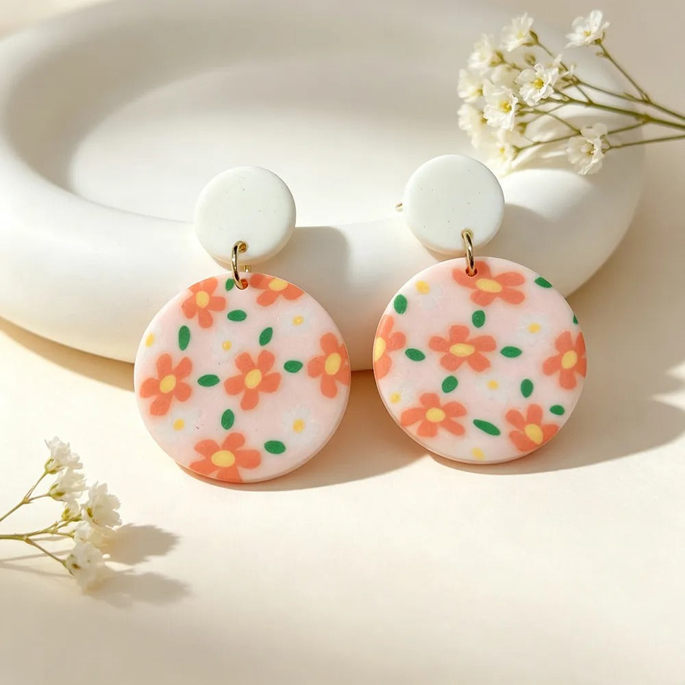 Handmade Floral Geometric Pink Gold Plated Clay Earrings