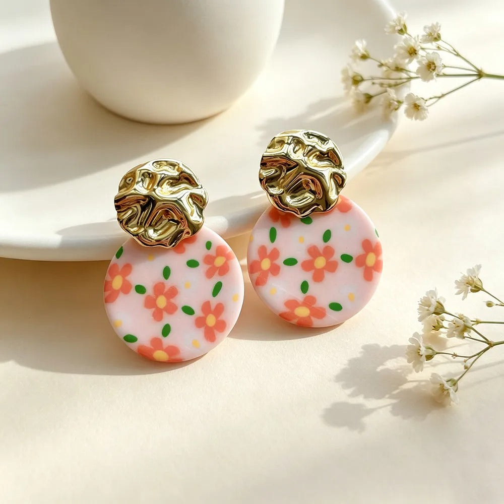 Handmade Floral Geometric Pink Gold Plated Clay Earrings