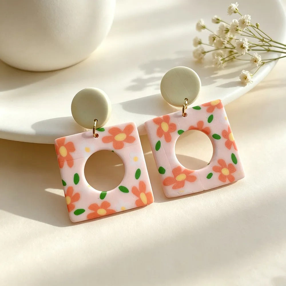 Handmade Floral Geometric Pink Gold Plated Clay Earrings