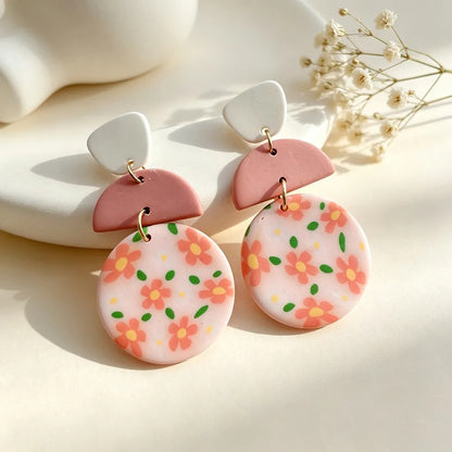 Handmade Floral Geometric Pink Gold Plated Clay Earrings