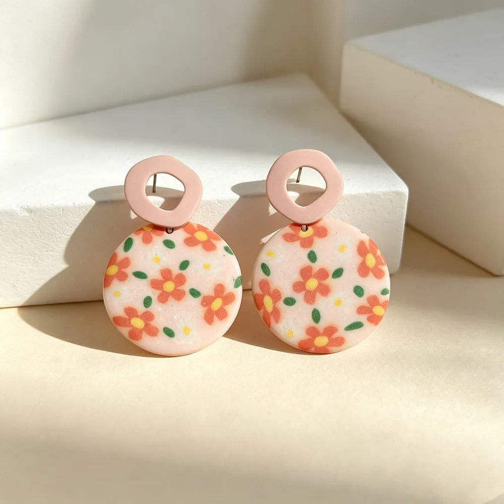 Handmade Floral Geometric Pink Gold Plated Clay Earrings