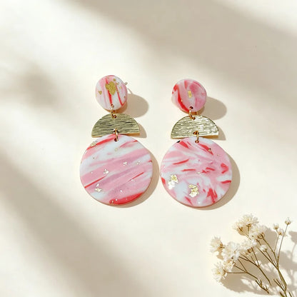 Handmade Natural Pink Geometric Gold Plated Clay Earrings