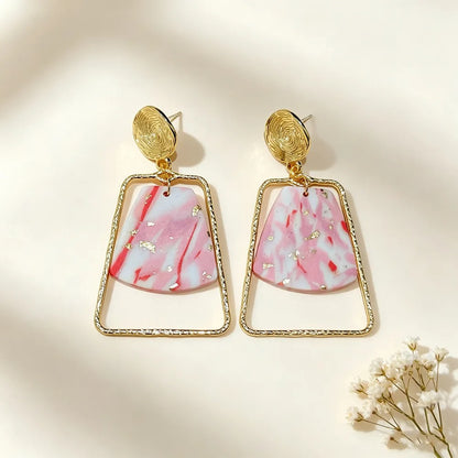 Handmade Natural Pink Geometric Gold Plated Clay Earrings