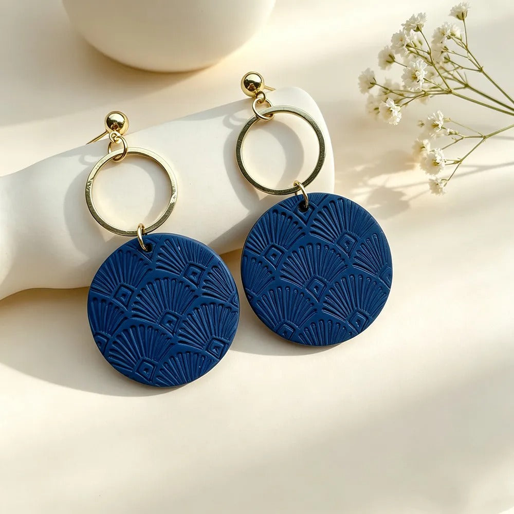 Handmade Royal Blue Geometric 16K Gold Plated Clay Earrings