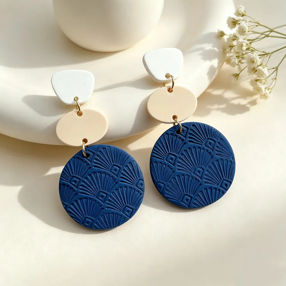 Handmade Royal Blue Geometric 16K Gold Plated Clay Earrings