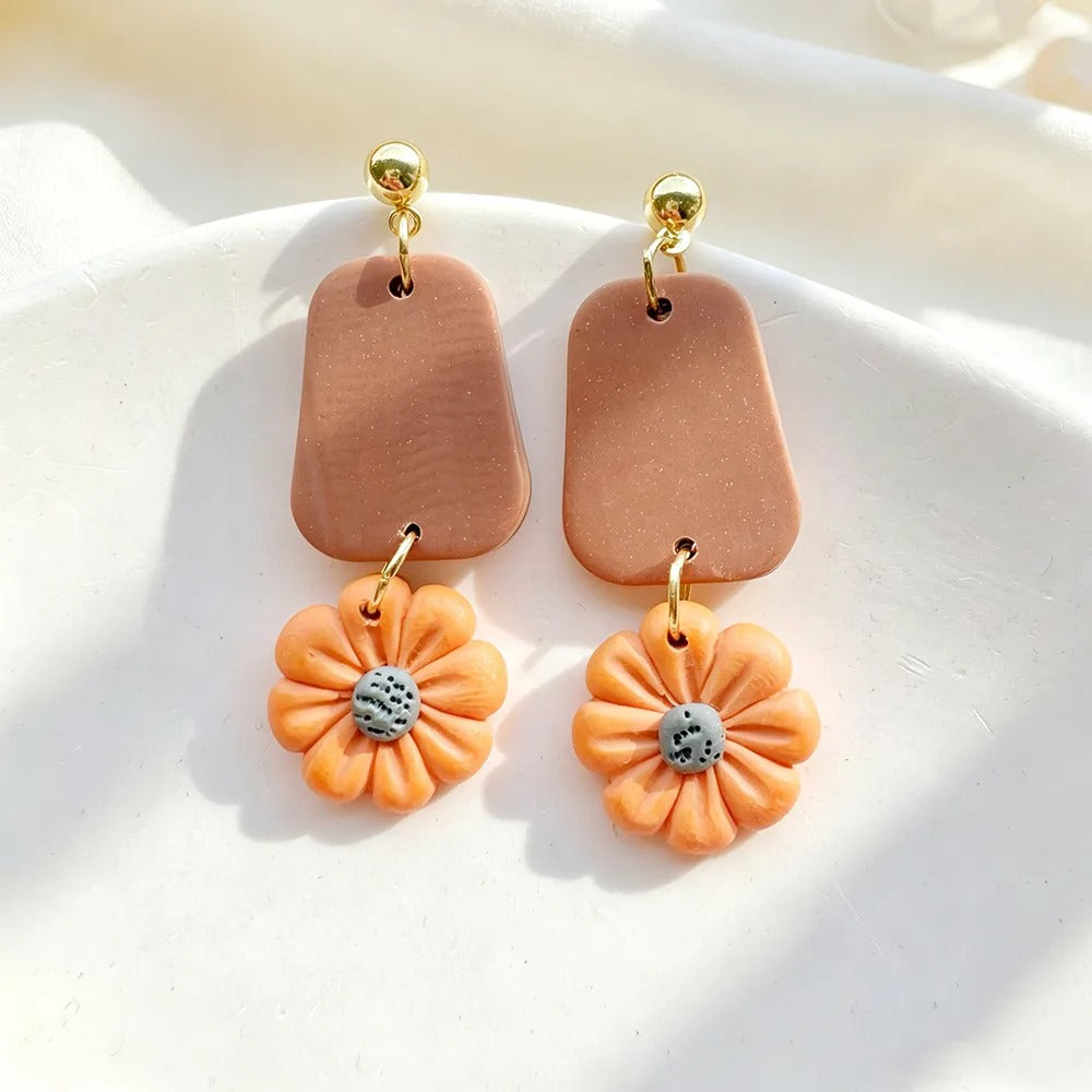 Handmade Floral Geometric 18K Gold Plated Clay Earrings