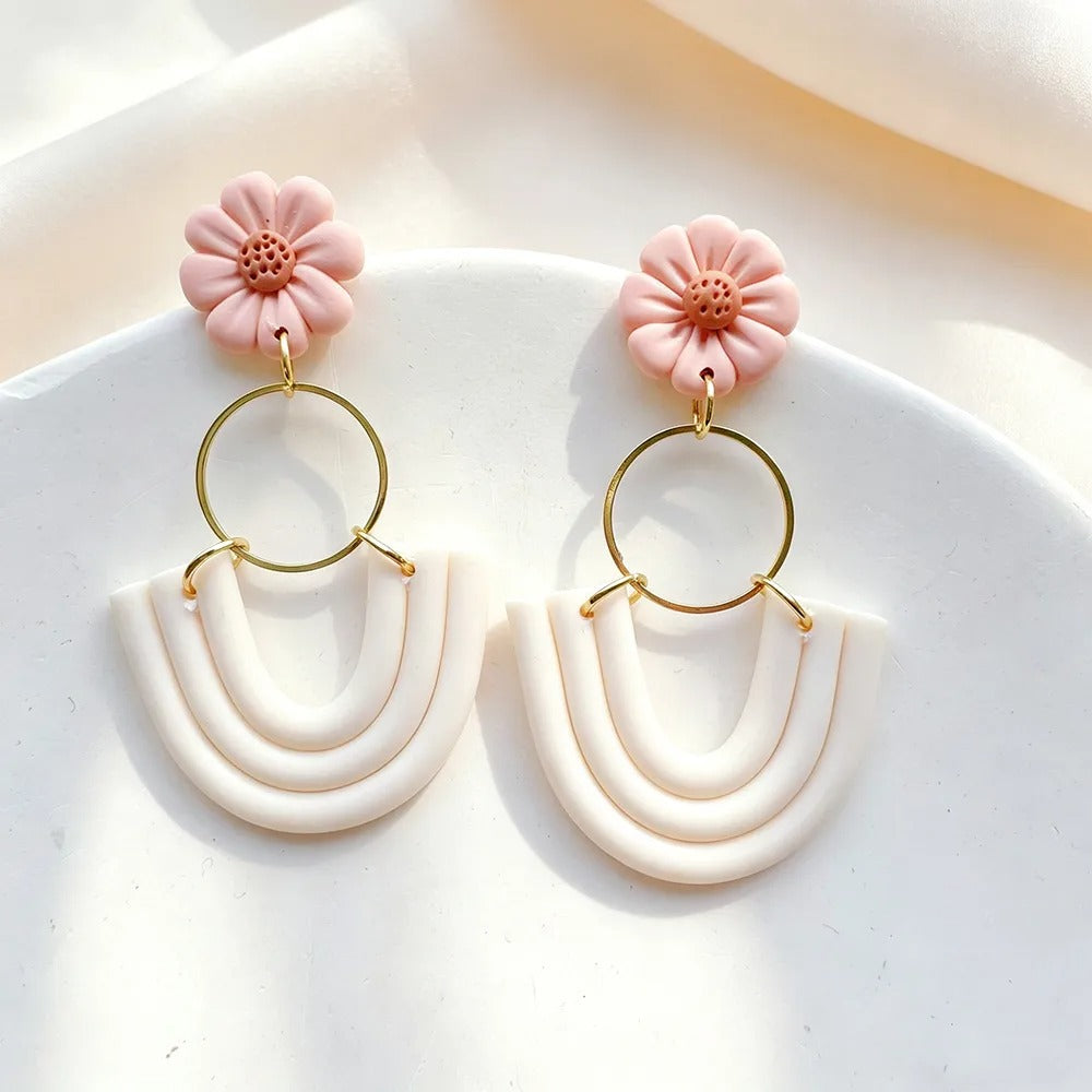 Handmade Floral Geometric 18K Gold Plated Clay Earrings