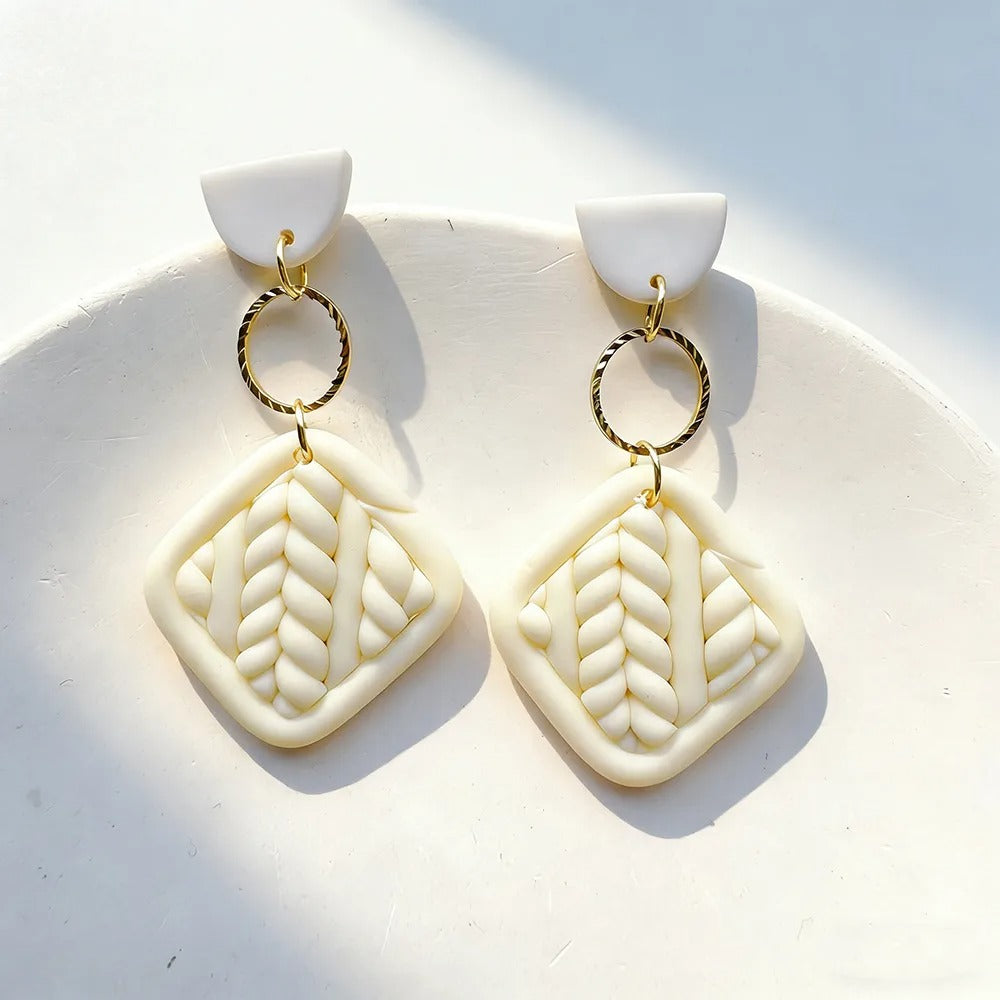 Handmade White and Beige Geometric 18K Gold Plated Clay Drop Earrings