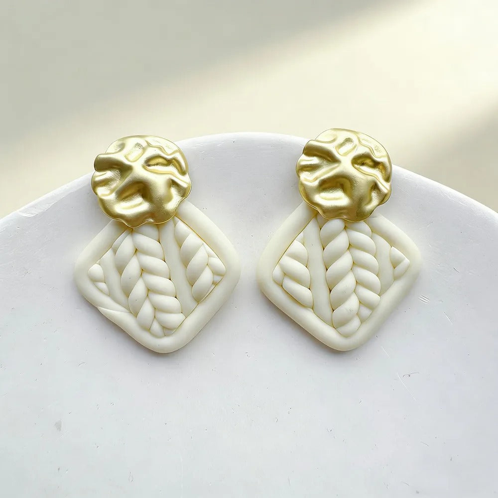 Handmade White and Beige Geometric 18K Gold Plated Clay Drop Earrings