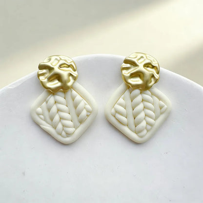 Handmade White and Beige Geometric 18K Gold Plated Clay Drop Earrings