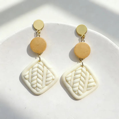 Handmade White and Beige Geometric 18K Gold Plated Clay Drop Earrings