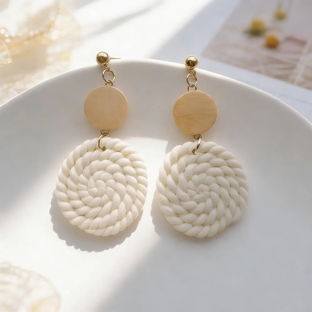 Handmade White and Beige Geometric 18K Gold Plated Clay Drop Earrings