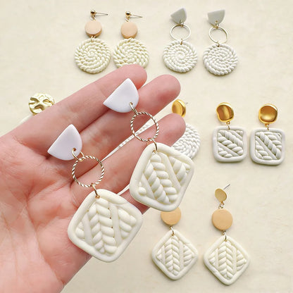 Handmade White and Beige Geometric 18K Gold Plated Clay Drop Earrings
