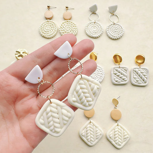 Handmade White and Beige Geometric 18K Gold Plated Clay Drop Earrings