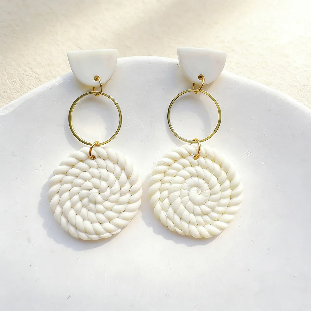 Handmade White and Beige Geometric 18K Gold Plated Clay Drop Earrings