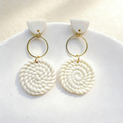 Handmade White and Beige Geometric 18K Gold Plated Clay Drop Earrings
